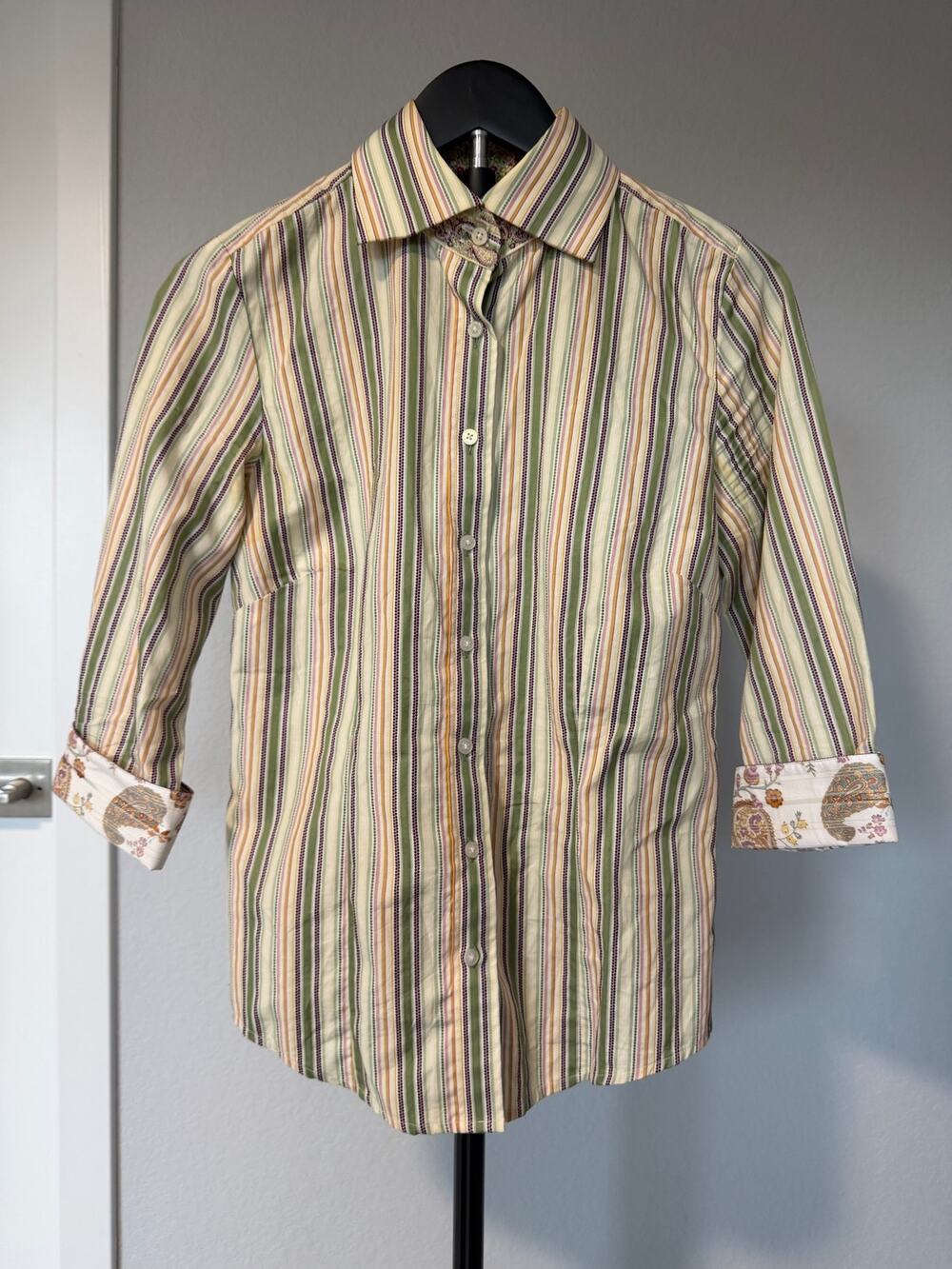 Robert Graham Striped Floral Contrast Cuff Button Down Shirt Women’s XS